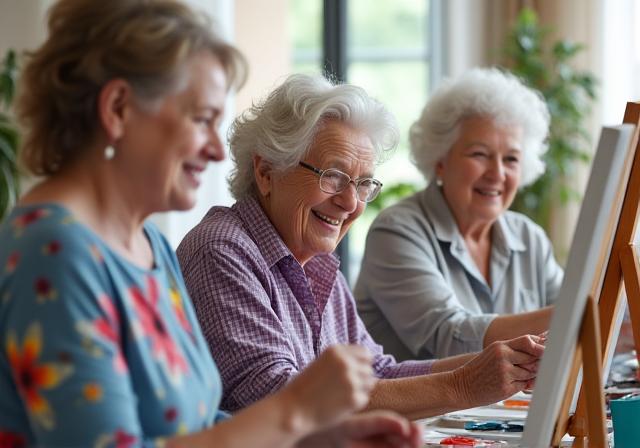 Residents painting together in an art class.