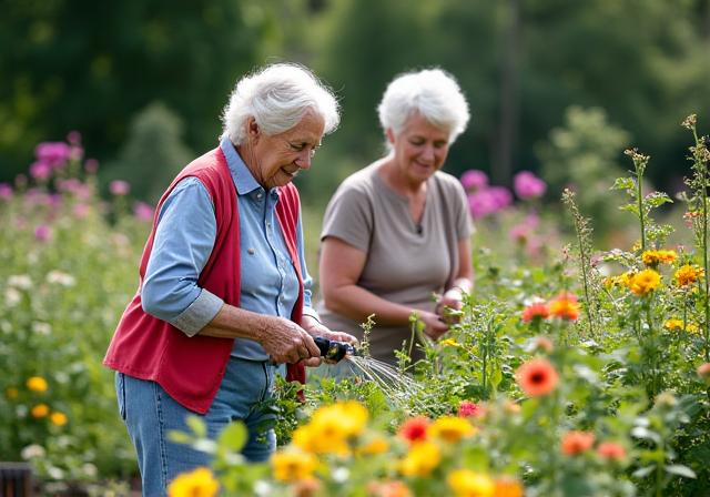 Seniors tending to plants in the community garden.