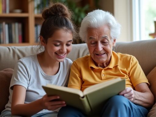 A young volunteer reading a book to an elderly resident.