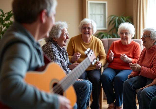 A music therapist playing guitar for a group of residents.