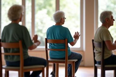 Seniors in a gentle chair yoga class.