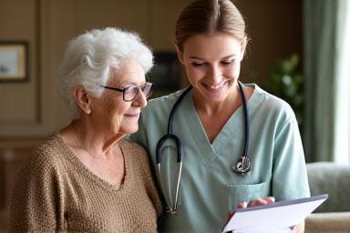 Caregiver and resident discussing a care plan.